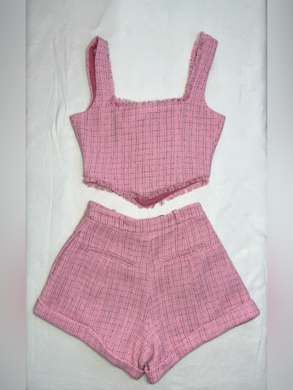 LPA x REVOLVE NWT Pink Tweed Crop Top & High Waisted Shorts Matching Set